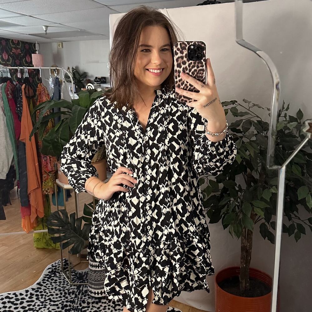 Zara Printed 3/4 Sleeve Flounce Hem Mini  Shirt Dress Black Size Small
